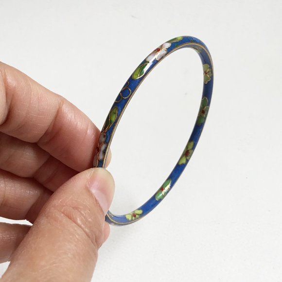 Vintage Cloisonne Blue Green Red White Floral Bangle Stack Set of 4 - Picture 15 of 15